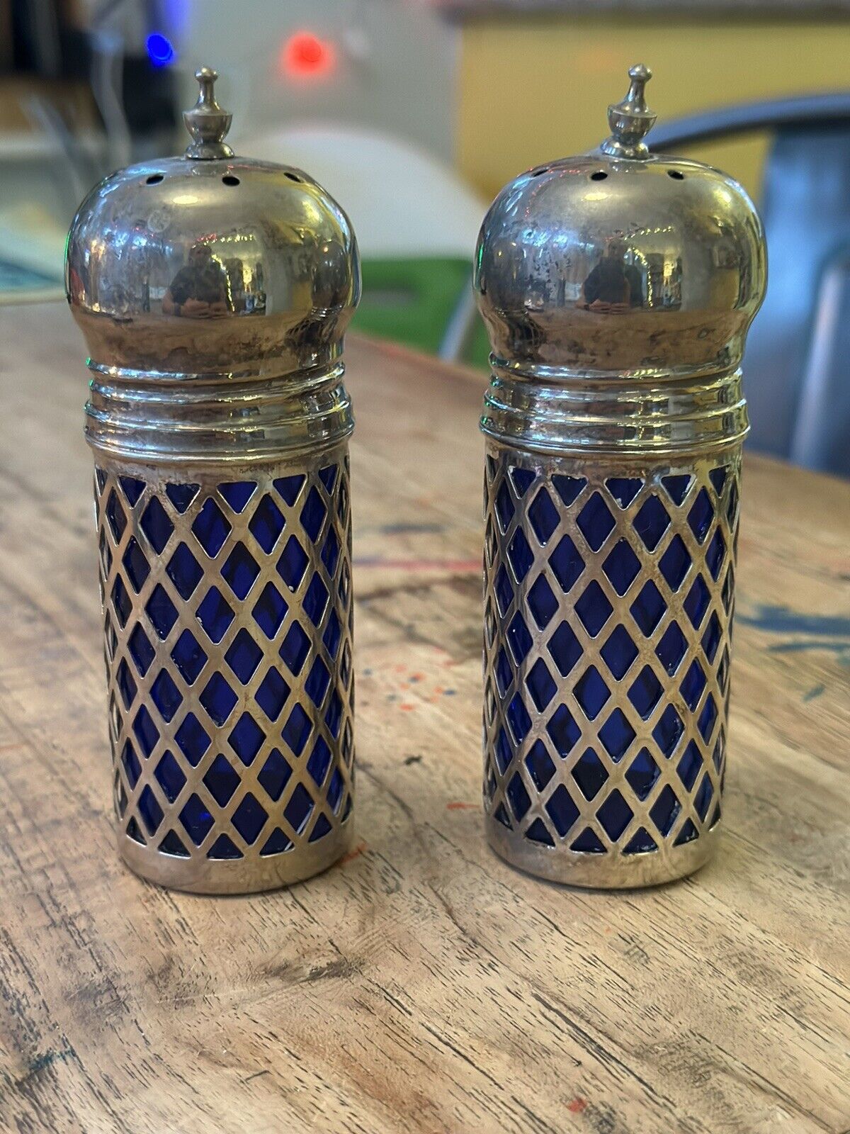 Vintage 1970’s Godinger Colbalt Blue Glass, Silver Plated Salt & Pepper Shakers.