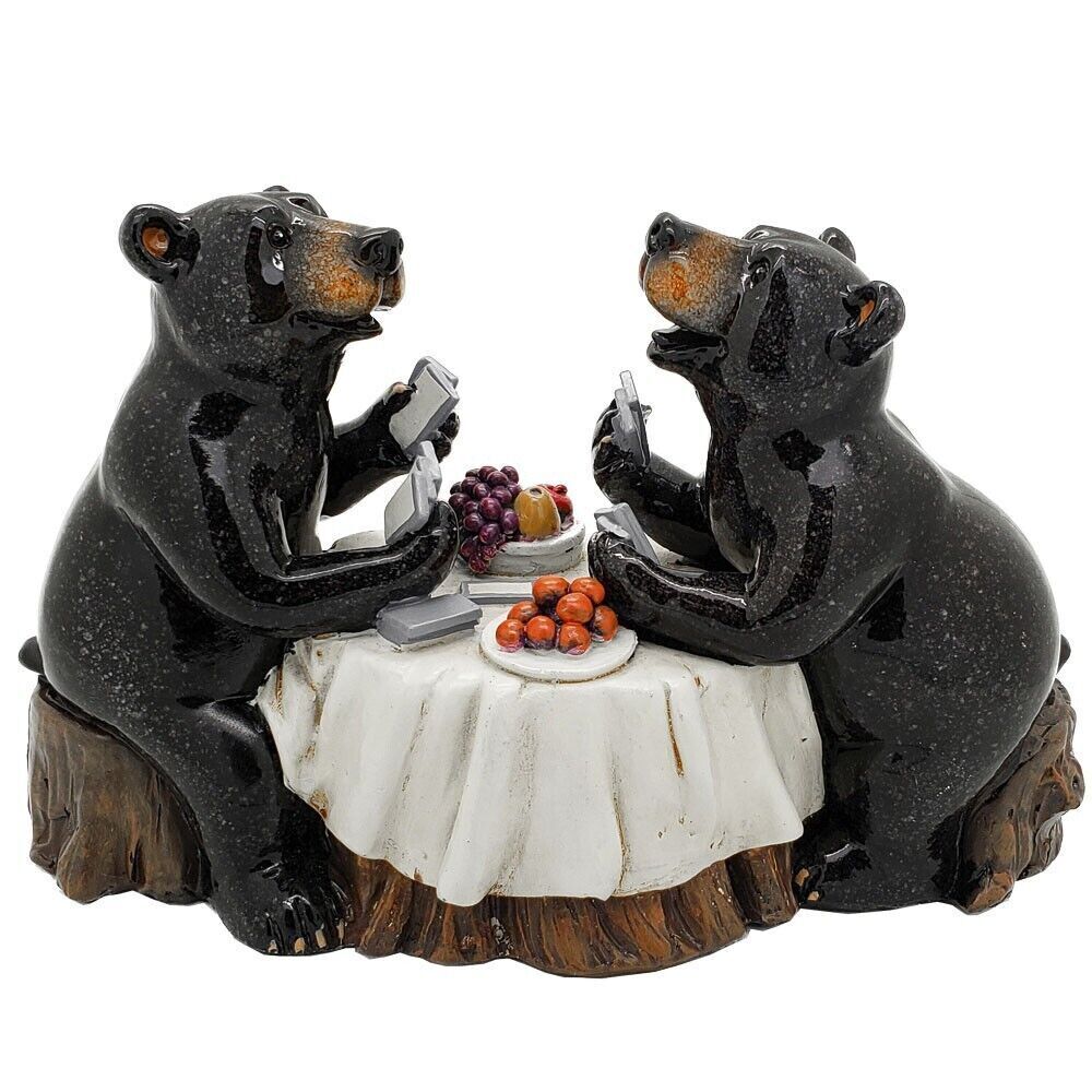 PT Black Bears Dining at Table Hand Painted Resin Statue Figurine