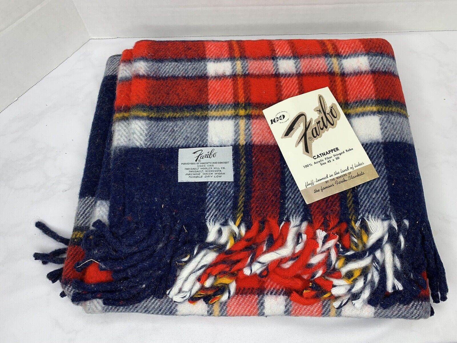 Vintage Faribo Red Blue Plaid Fringed Throw 45”x50” Catnapper Acrylic Blanket