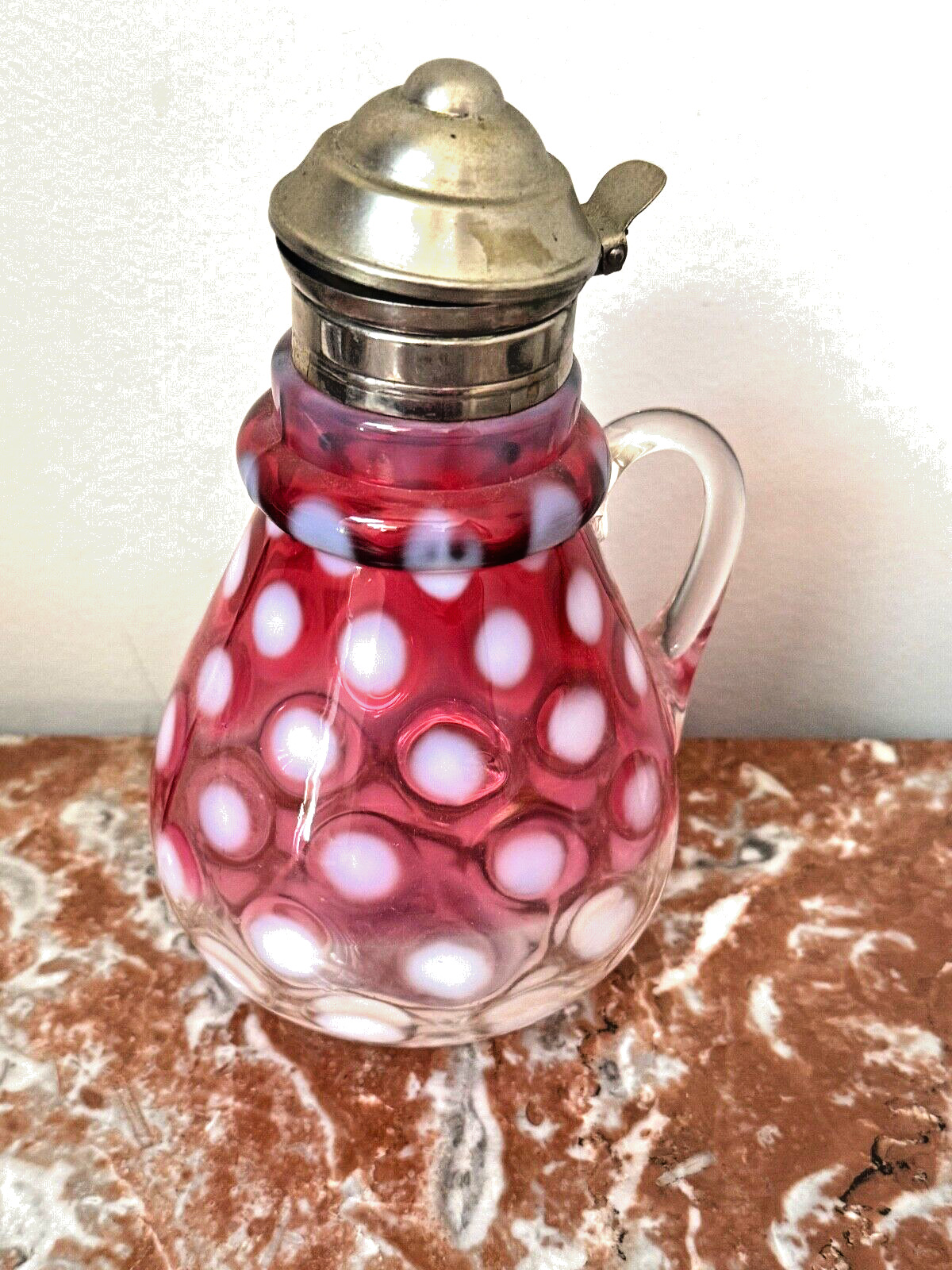 Antique Victorian White Opalescent Cranberry Coin Dot Art Glass Syrup Pitcher