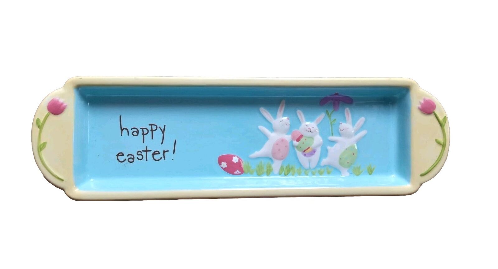 Blossoms & Blooms Happy Easter Ceramic Narrow Tray Bunnies Rabbits Eggs Kohl's 