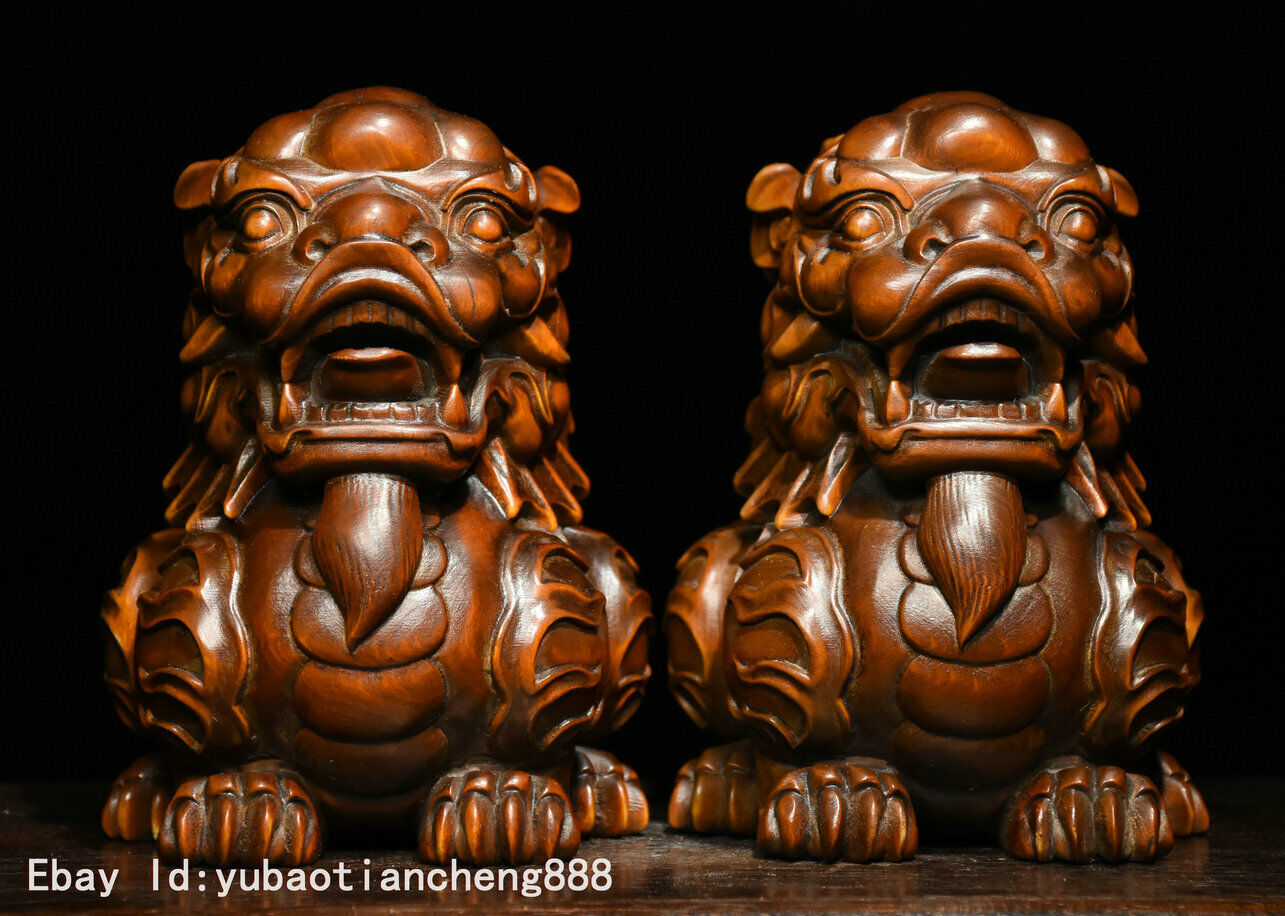 Chinese Folk FengShui Boxwood wood Carve PiXiu Foo Fu Dog Lion Beast Statue Pair
