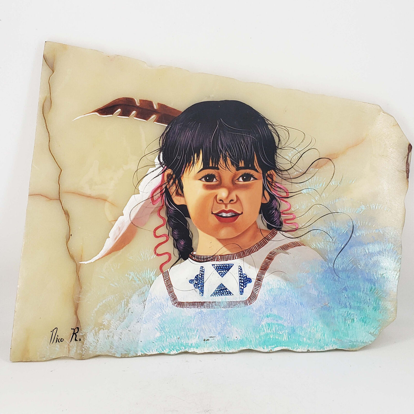 Native American Little Girl Child Oil Painting On Onyx Marble Slab Artist Signed