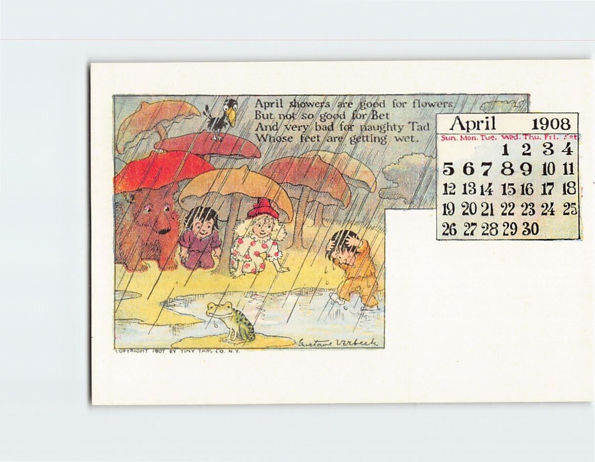 Postcard April 1908 Calendar April Showers Scene Art Print