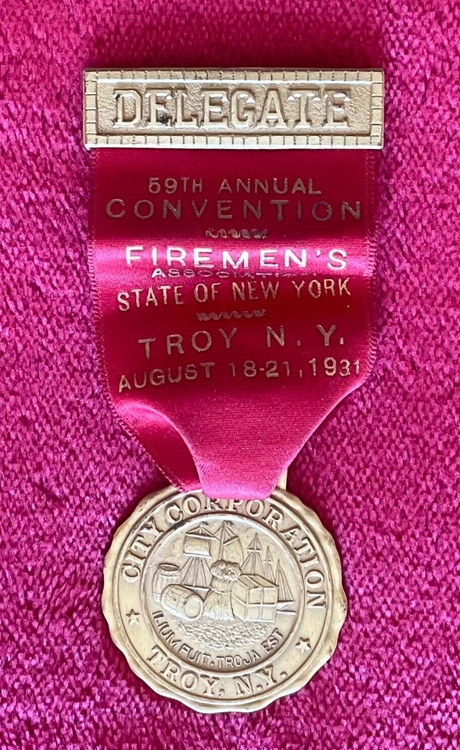 FIREMEN'S ASSOCIATION 59th ANNUAL CONVENTION - TROY NEW YORK - 1931 MEDAL/RIBBON