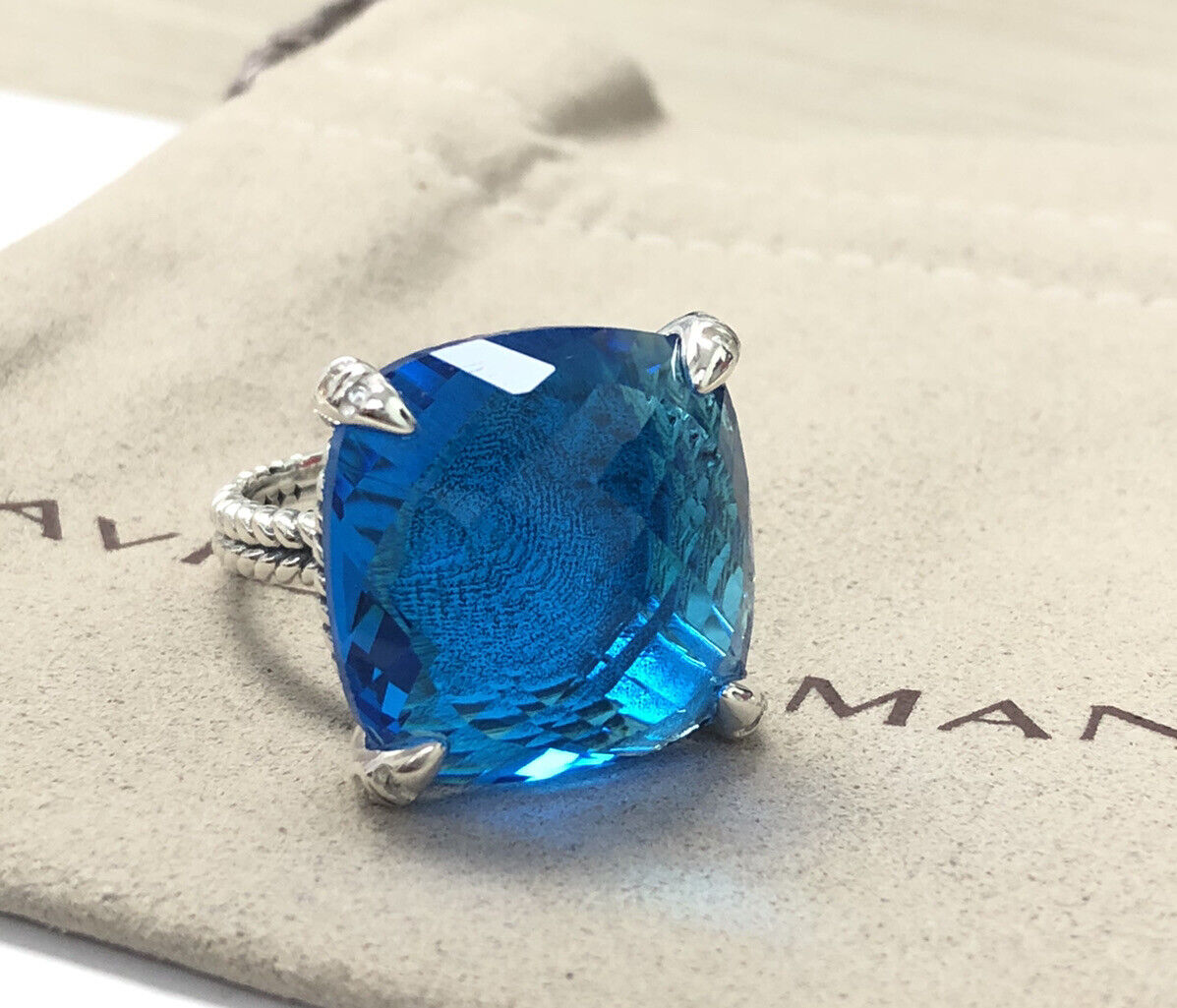 David Yurman Sterling Silver 20mm Chatelaine Ring Blue Topaz  & Diamond Sz 7