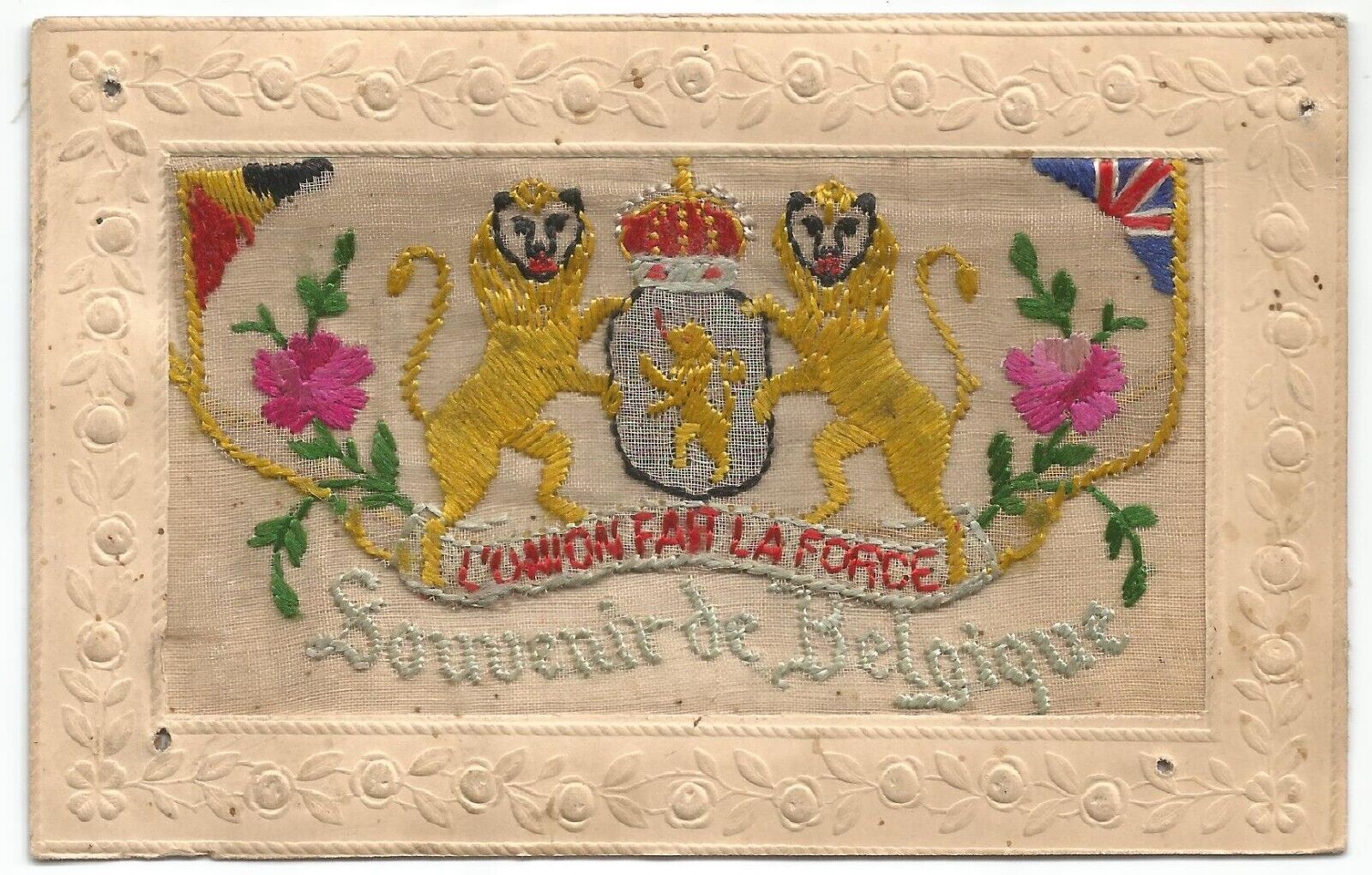 Belgium, Souvenir de Belgique, Crest, Vintage Wowen Silk Postcard