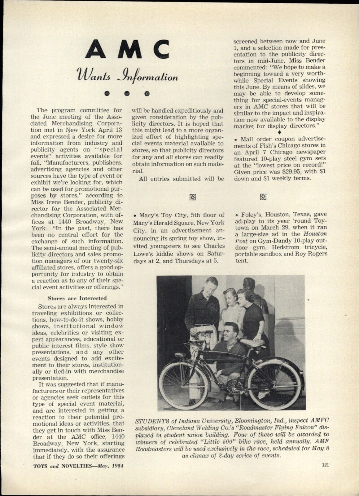 1954 PAPER Article Roadmaster Flying Falcon Bicycle Doepke Trucks Glolite Queen