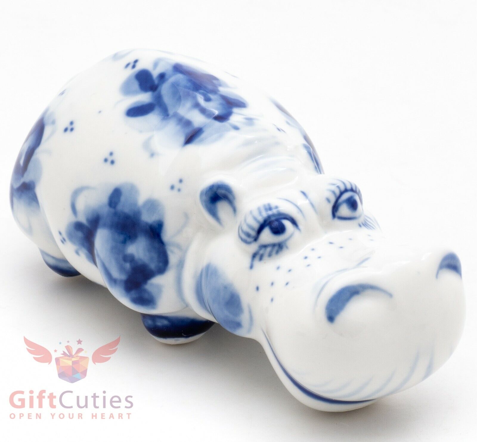 Hippopotamus Gzhel porcelain figurine hippo handmade