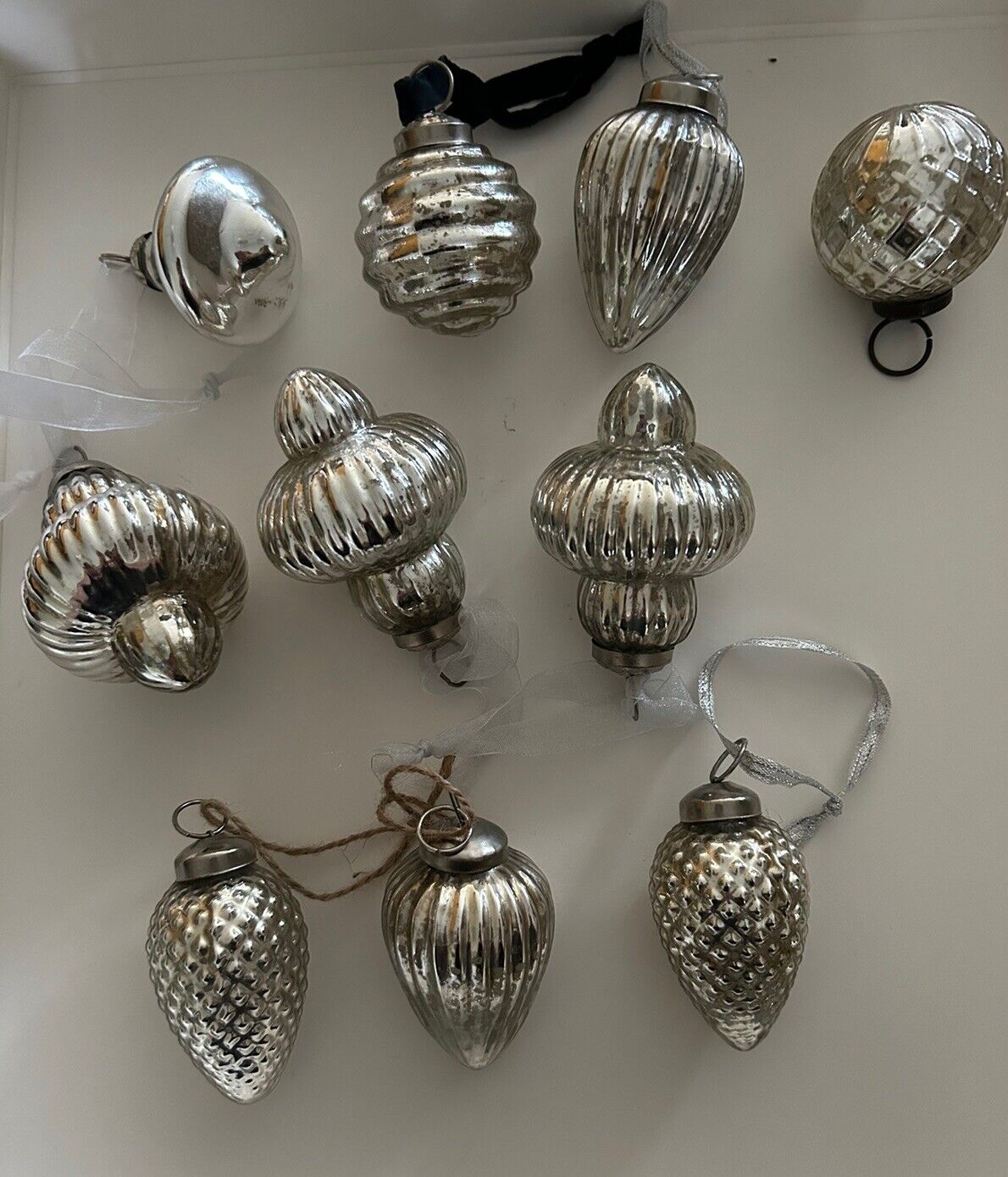 Lot 10 Silver COLOR HEAVY GLASS KUGEL STYLE CHRISTMAS ORNAMENTS