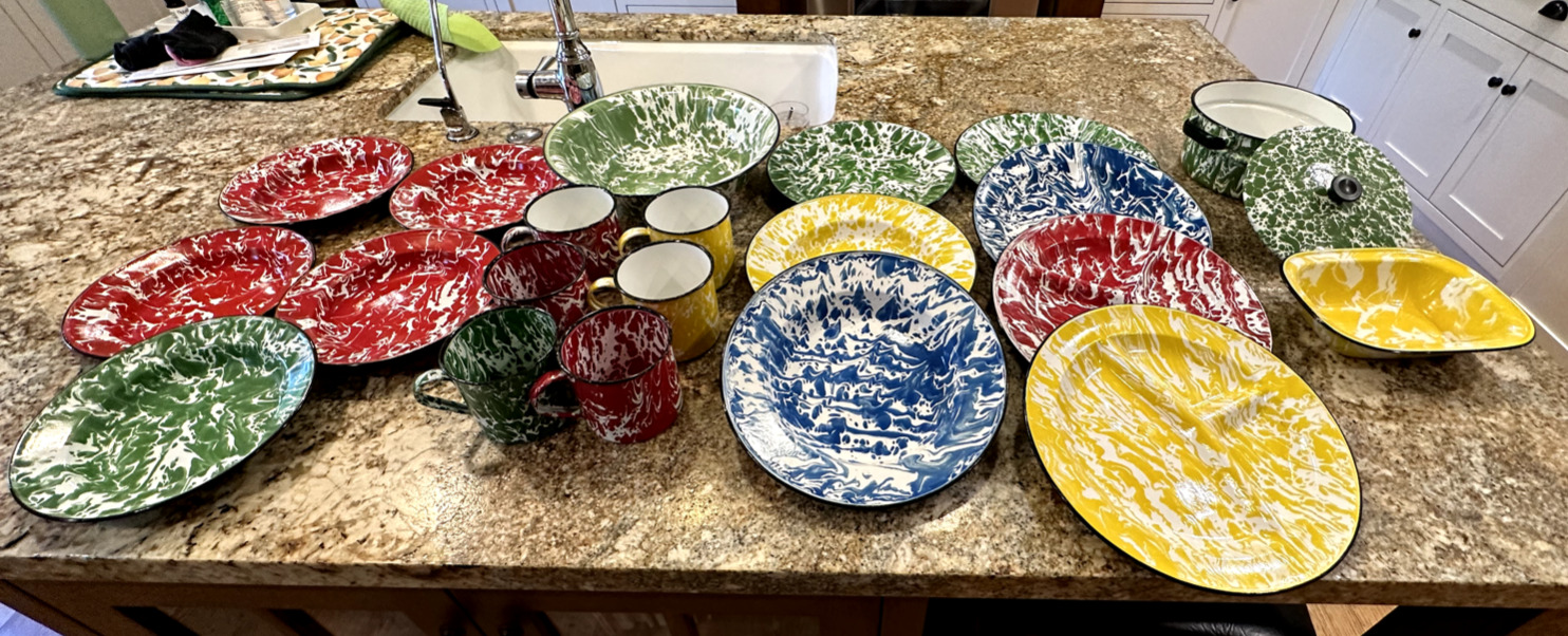 REDUCED PRICE LOT OF VINTAGE RED, GREEN, YELLOW, & BLUE SWIRL GRANITEWARE