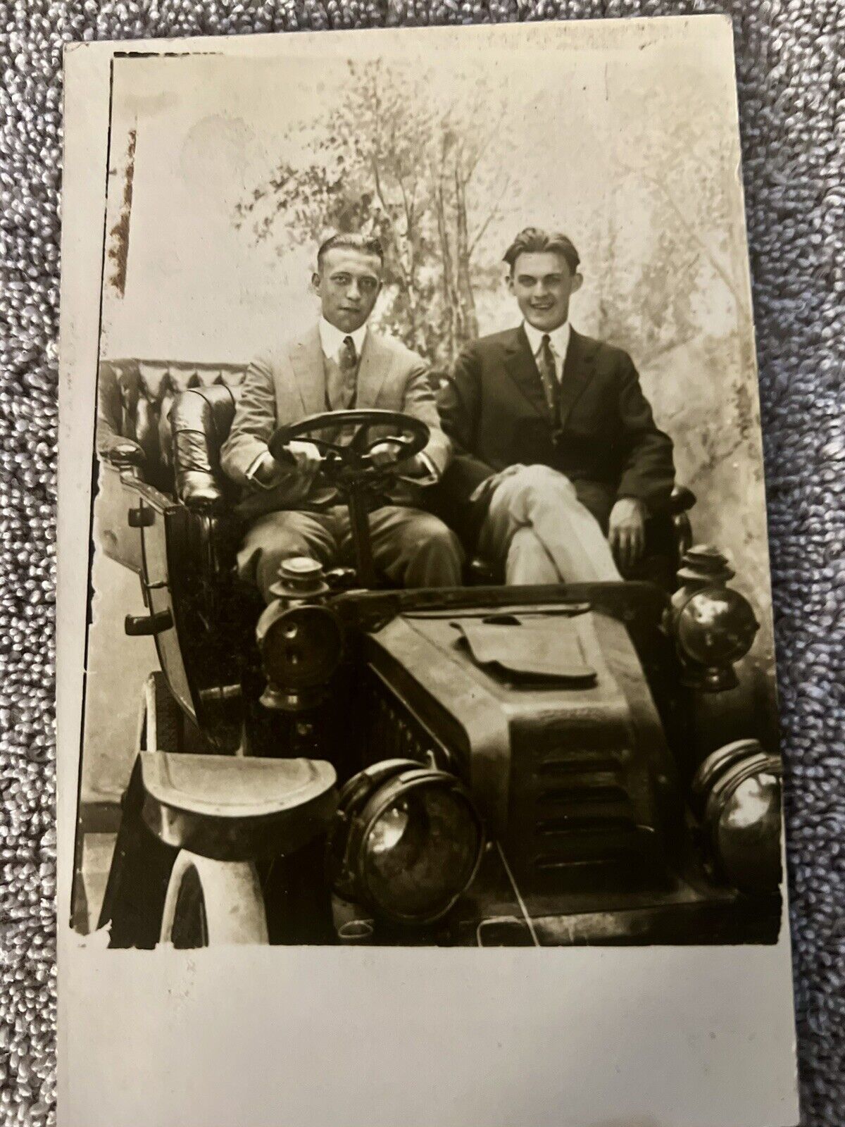Antique Postcard 2 Handsome Men Posing In Classic Automobile 1920s Atlantic City