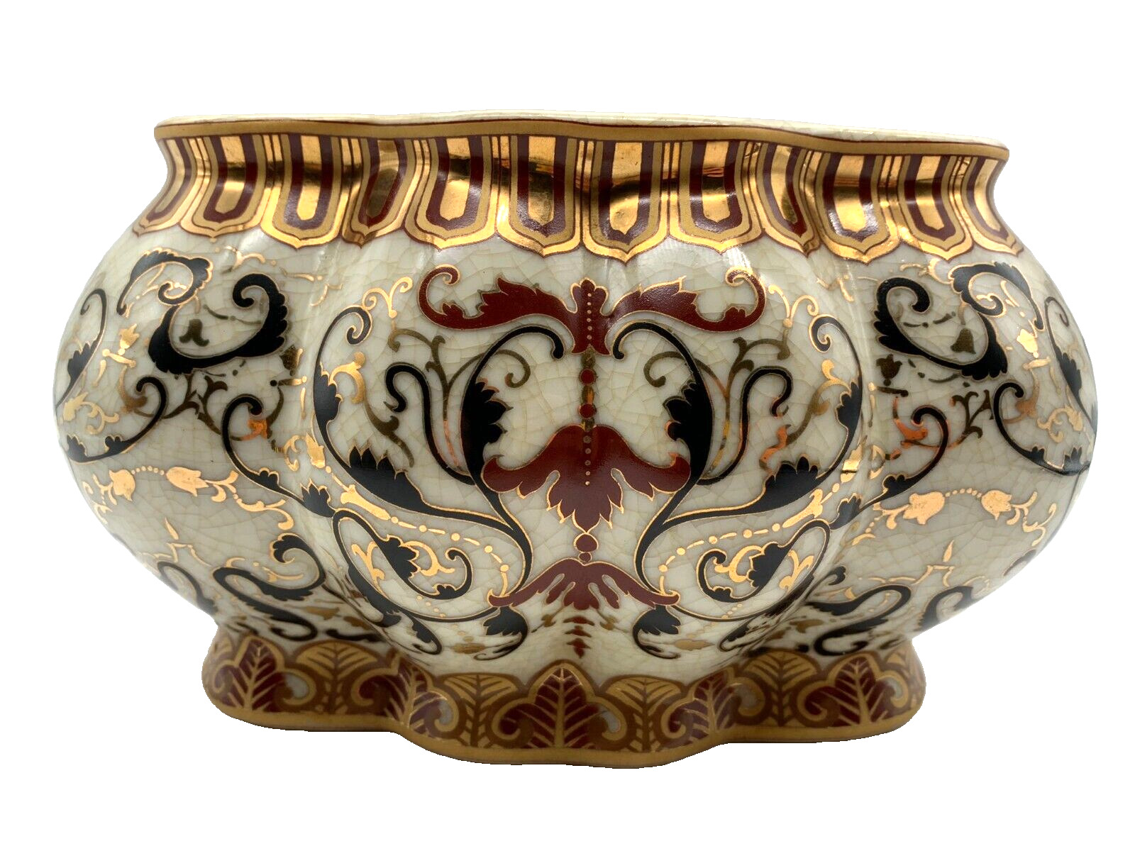 Vintage Amita Decorative Porcelain Ivory Gold Gilt Crackle Glaze Bowl Baroque