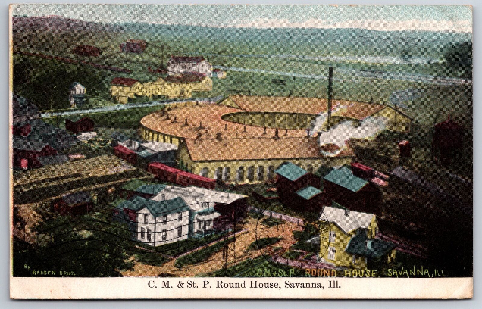Savanna Illinois~Birdseye CM & St P Railroad Round House~Trains~1910 Postcard