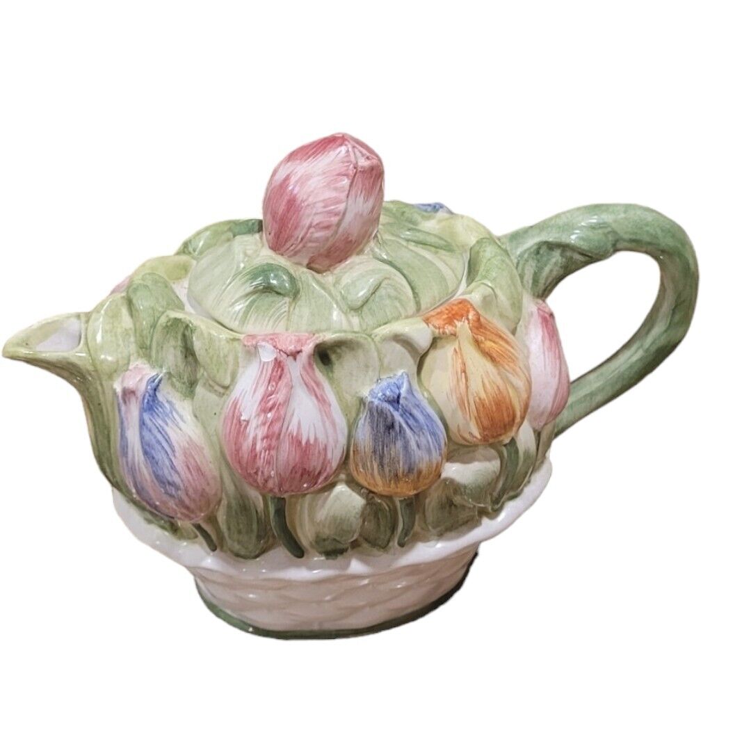 Vintage Ceramic Tulips in a Basket Teapot Handcrafted Colorful 