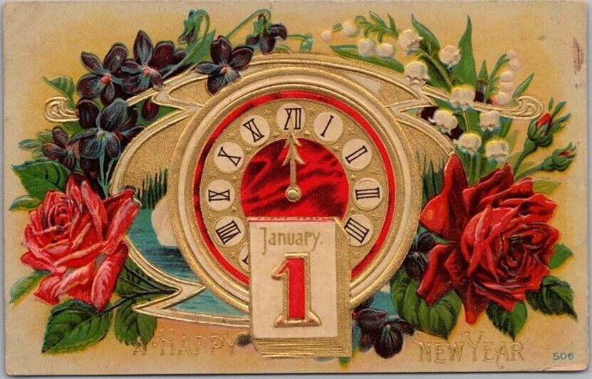 c1910s HAPPY NEW YEAR Embossed Postcard Gold Clock Face / Midnight / Flowers
