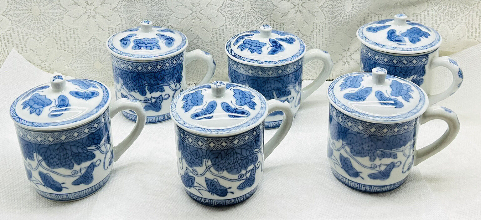Set Of 6 Chinese Blue & White Porcelain Tea Cups with Lids Butterflies