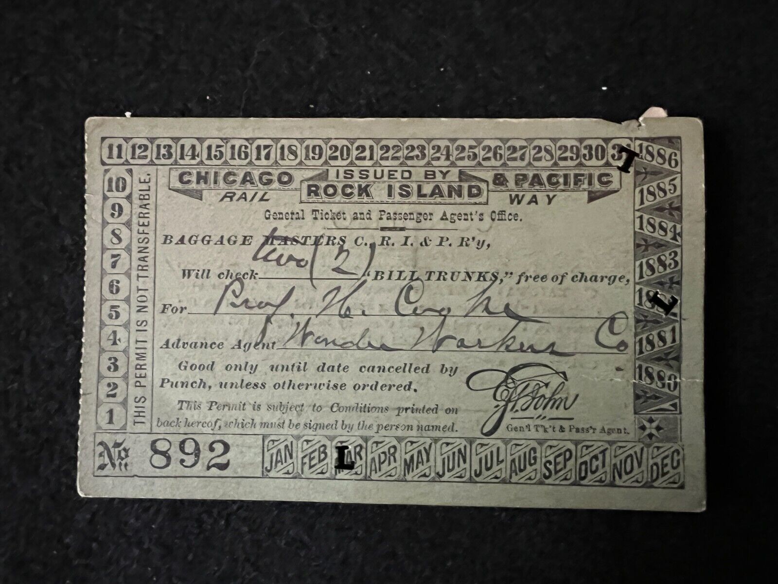 Rare 1882 Chicago Rock Island & Pacific Railway Bill Trunk Ticket