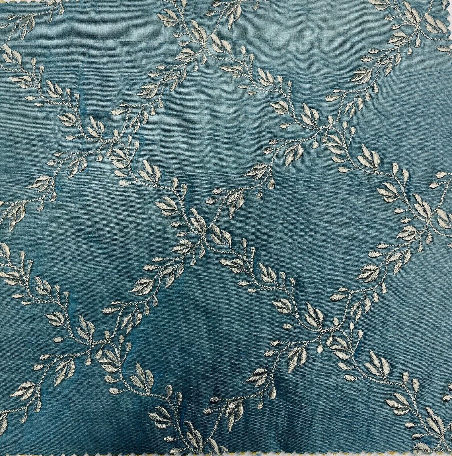 Designer Dupioni Embroidered Quilted Silk Fabric Teal & Gold