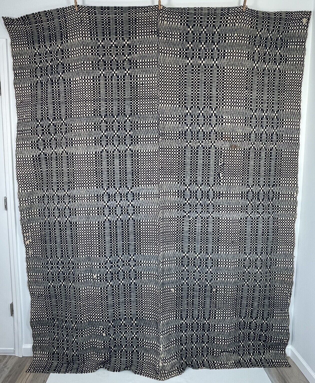 Antique Woven Wool & Linen Indigo Blue Cream Coverlet Bedspread 2 Panel 91