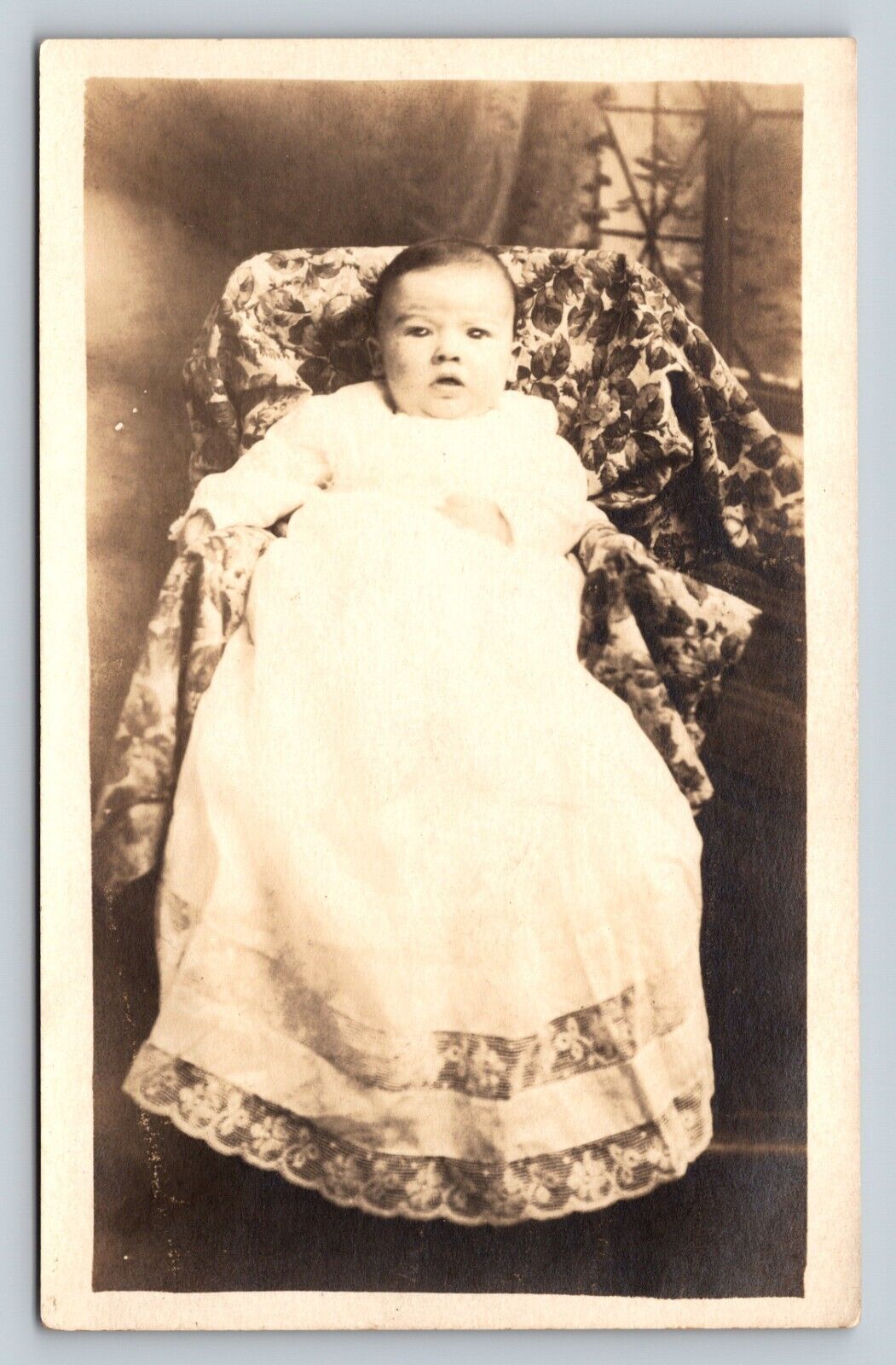 RPPC Infant Boy in White Gown on Floral Blanket AZO 1918-1930 VTG Postcard 1537