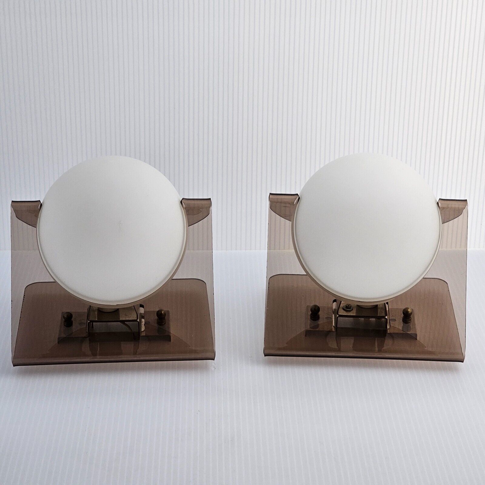 Smoked Lucite White Satin Glass Globe Wall MCM Vintage Pair of Lamps 6.5\
