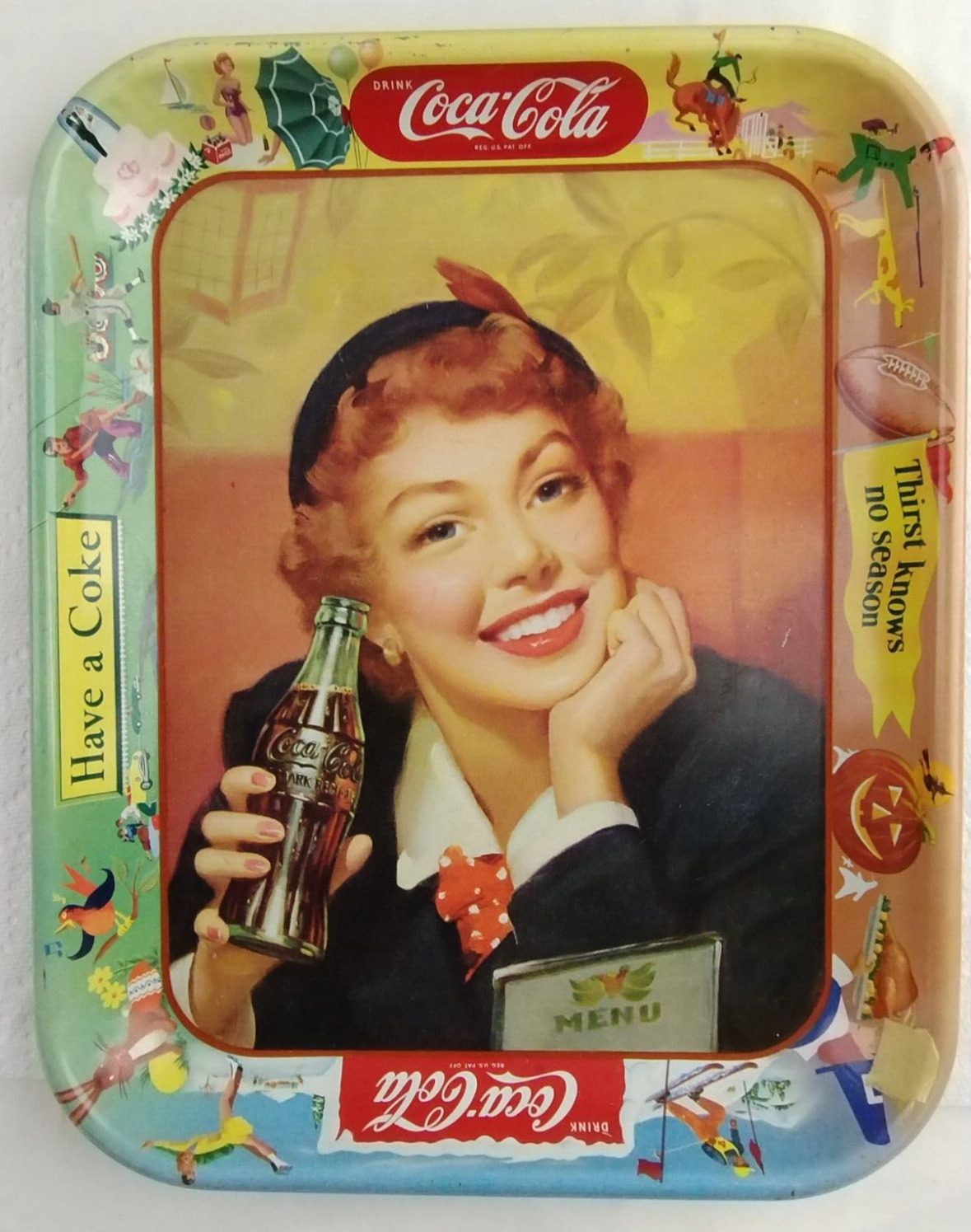 Vintage 1950’s Coca Cola Tin Metal Tray Thirst Knows No Season - Have A Coke