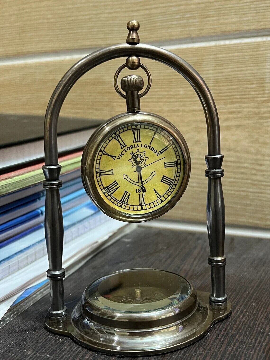 Victoria London Brass Antique 1876 Hanging Watch -Clock Brass Compass Pendulum