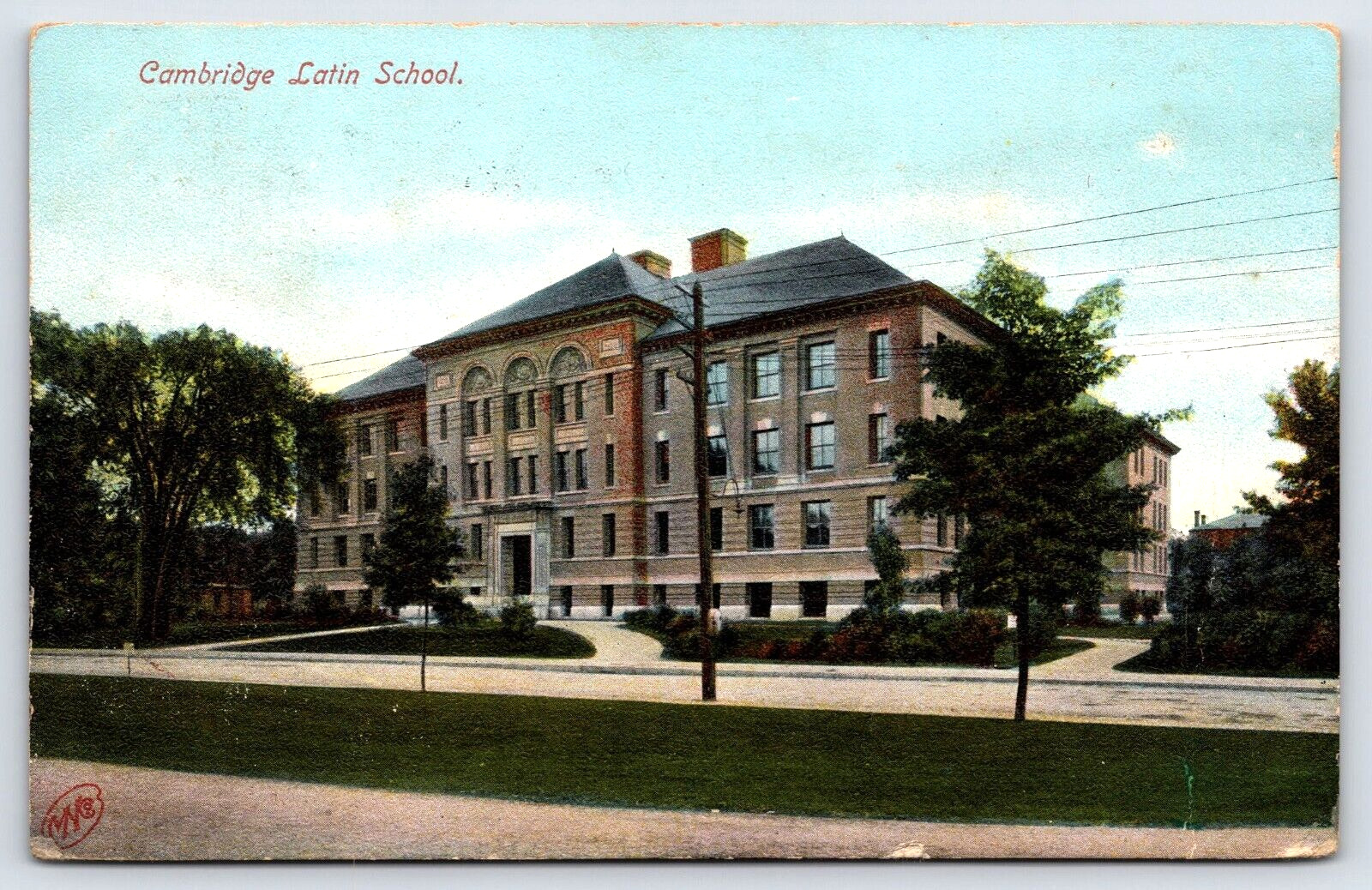 Original Old Antique Vintage Outdoor Postcard Latin School Cambridge, MA 1910