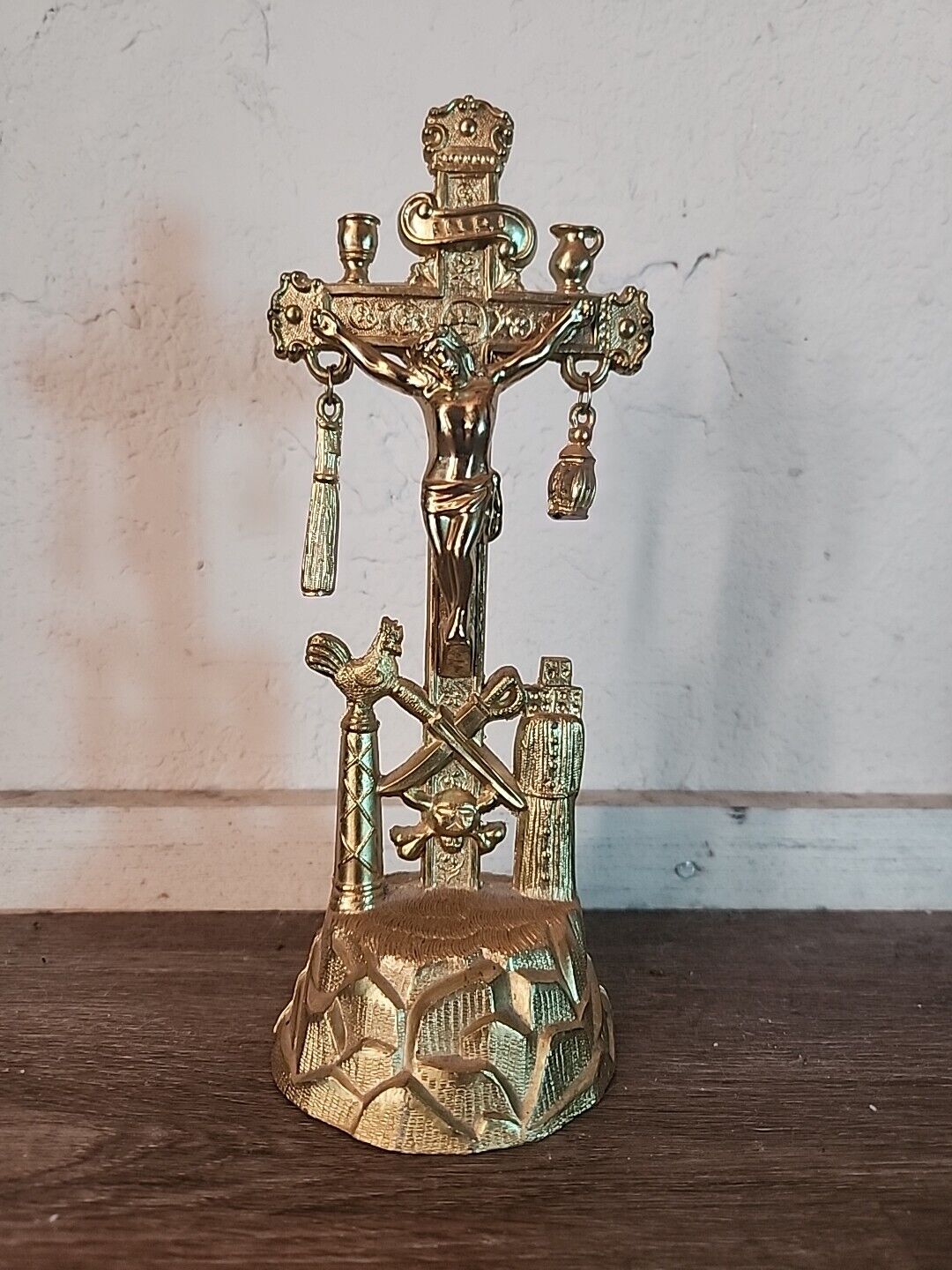 ⭐Antique French Arma Christi Ormolu Brass Cross Crucifix Religious 9 INCHES TALL