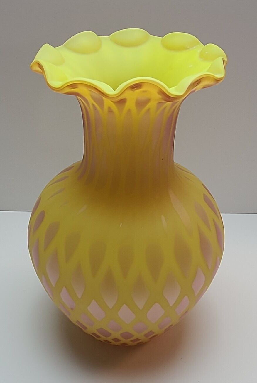 Vintage or Antique Italian Murano Yellow Mother of Pearl Satin Glass Vase