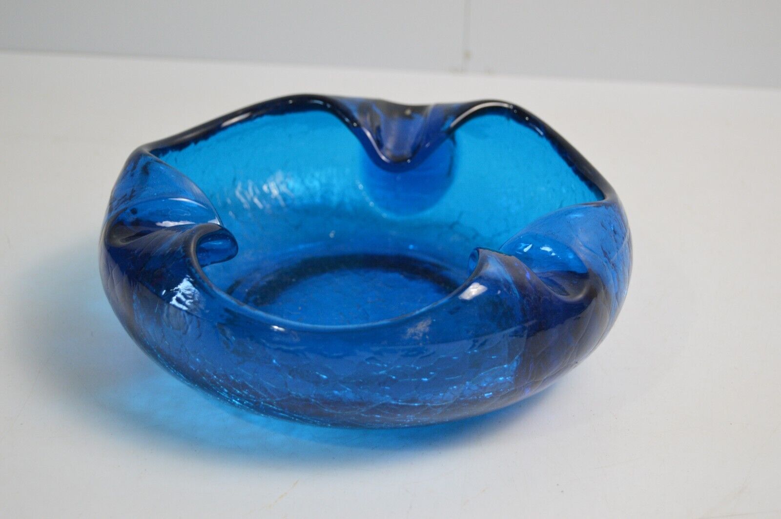 Vintage Viking Glass Ashtray Blue Crackle Collectible MCM Art EUC Blunique