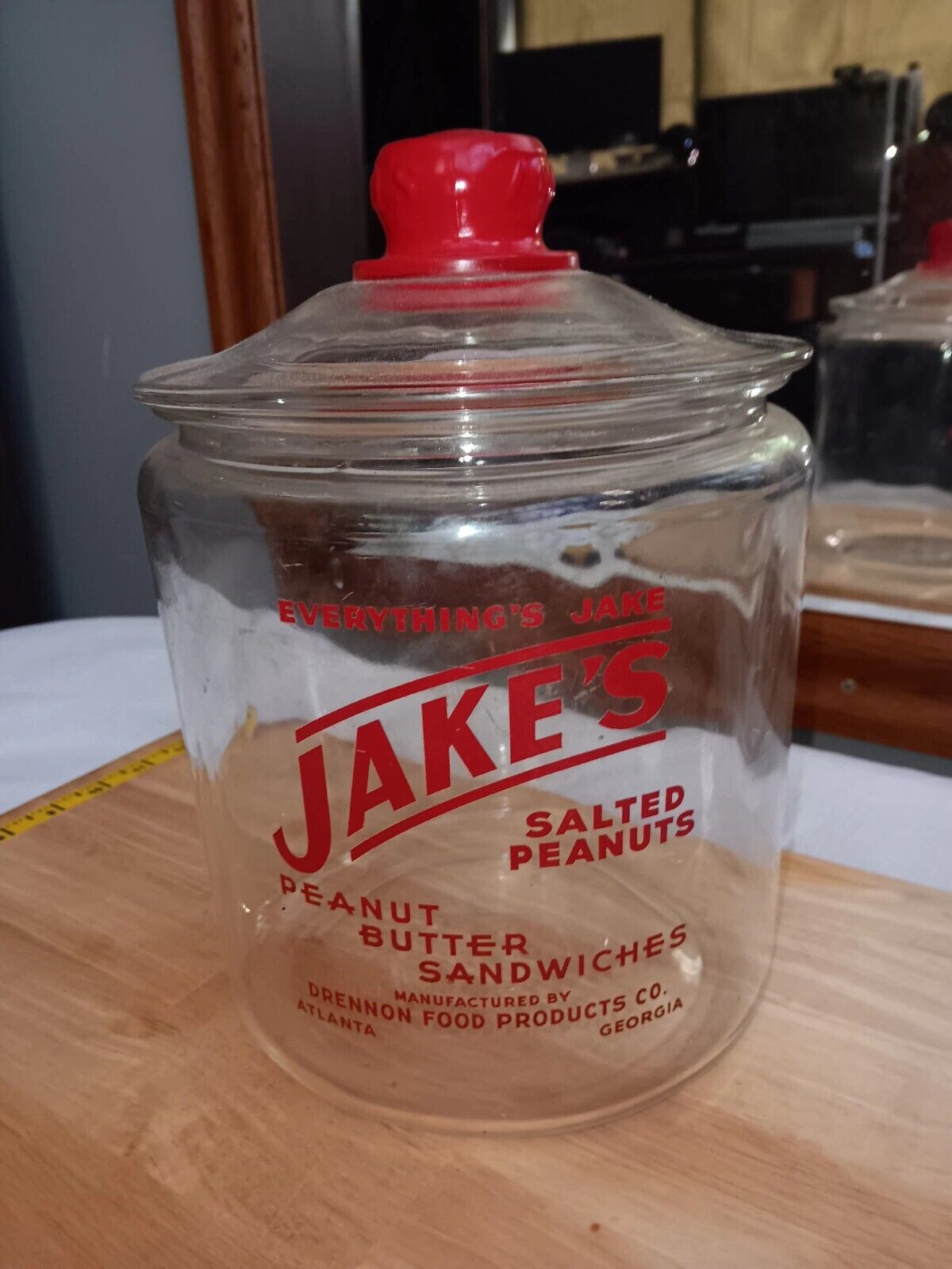  JAKE'S Salted Peanuts(LANCE) Cookie Jar, Counter Jar w  Lid & Red Knob 11” Tall