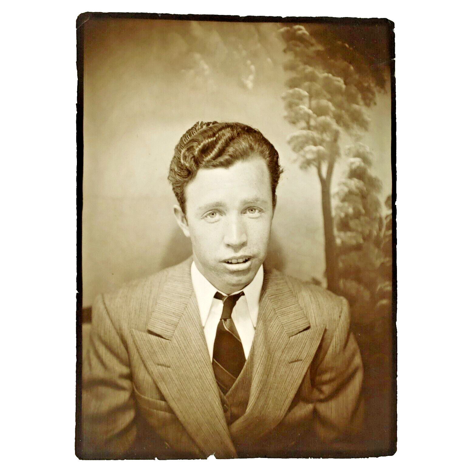 Suave Handsome Man Photobooth Photo 1940s Forest Backdrop & Greased Hair B3341