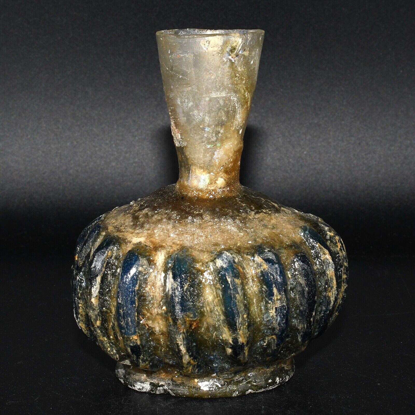 Genuine Large Ancient Roman Glass Bottle Vase with Trailed Glass Decoration