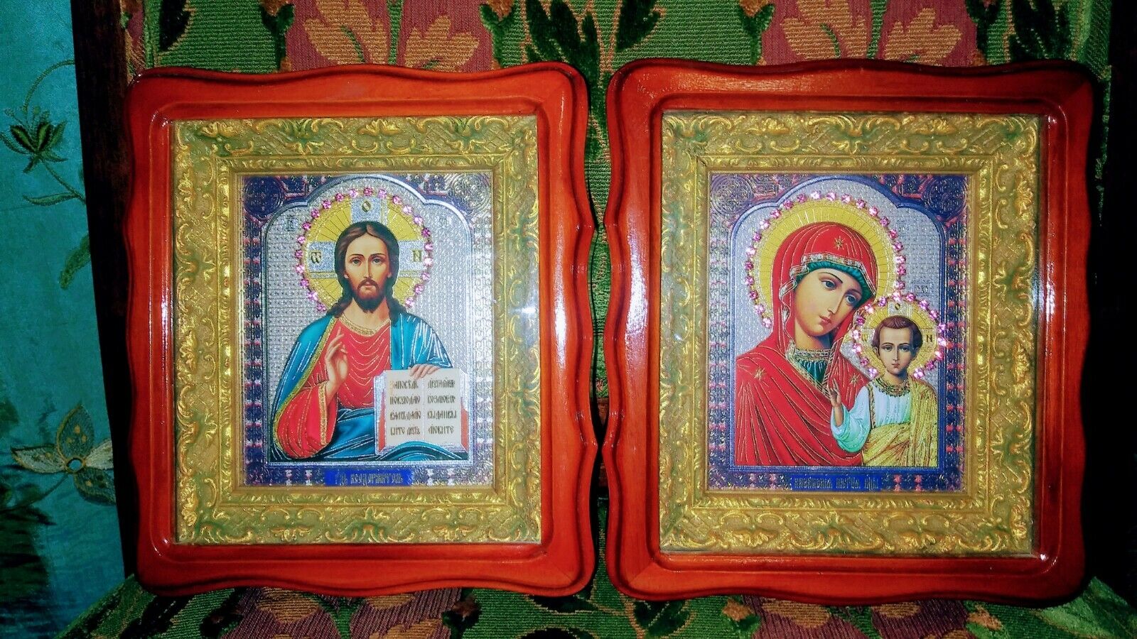  RARE  Russian Icon Jeweled Virgin Mary and Jesus Christ Wood Framed Art Set