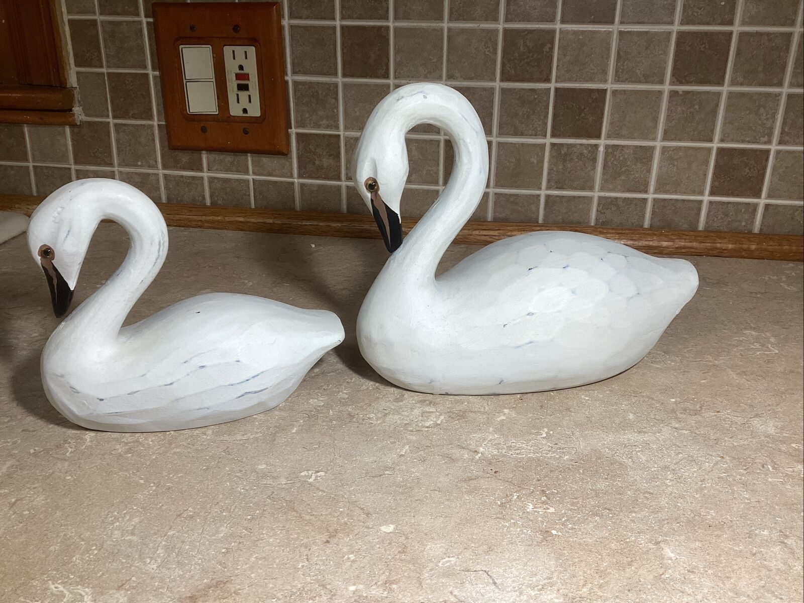2 white swan home decor ceramic figurines  size 5” + 8” Tall
