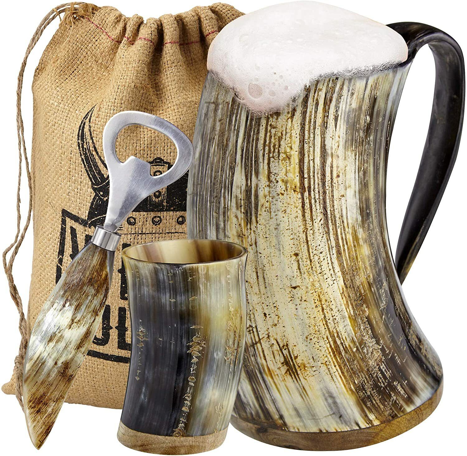 Viking Culture Ox Horn Mug, Shot Glass,and Bottle Opener (3 Pc. Set) Natural 