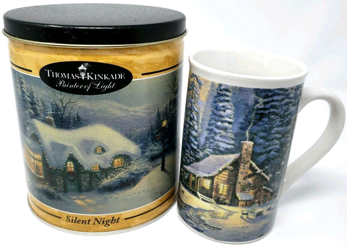 2 Pcs Thomas Kinkade 1998 Christmas Retreat Mug & 1992 Silent Night Tin Lot Gift