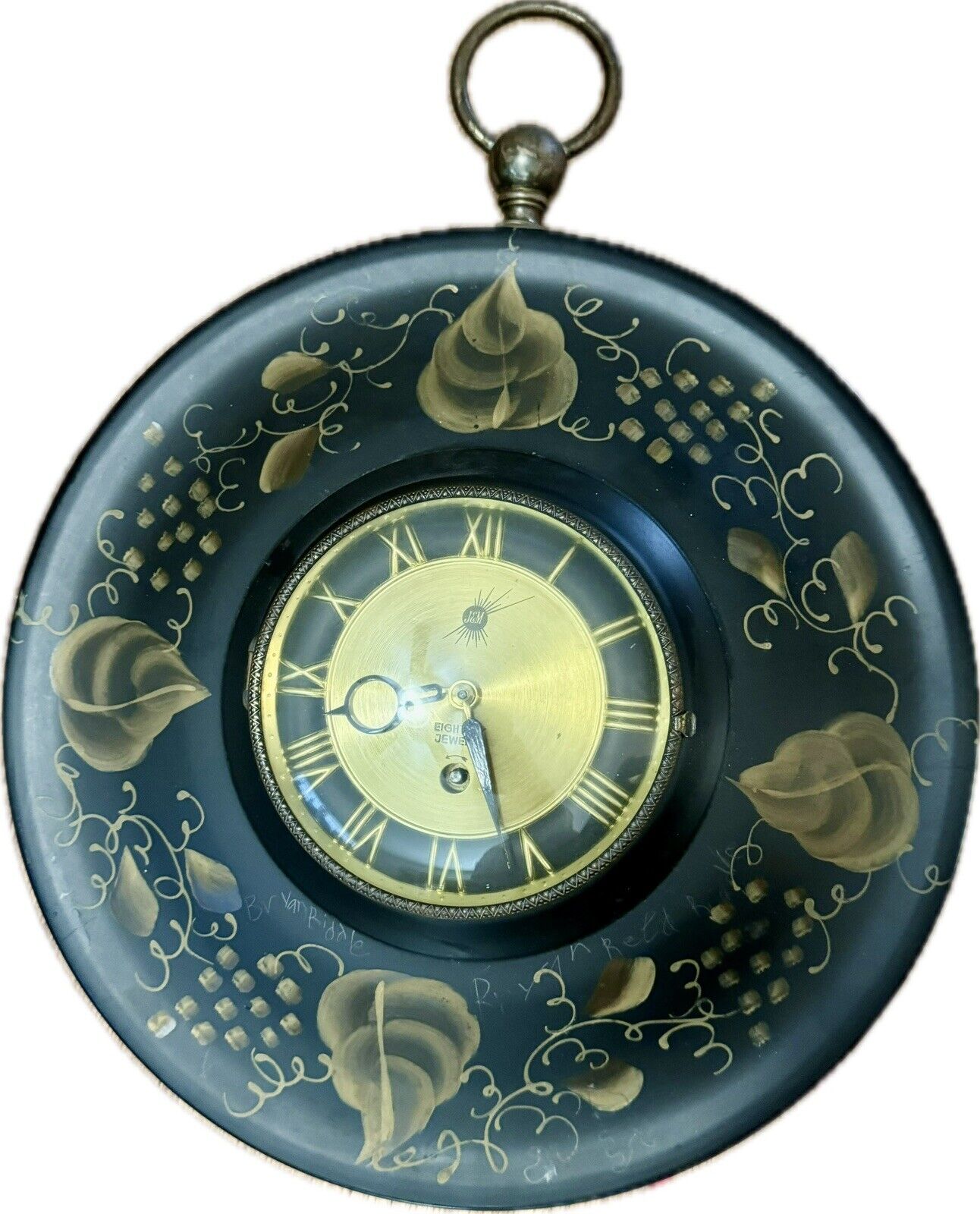 Vintage J&M Enamel Painted Clock  Germany 8 Day Wind Up Jeweled 13”