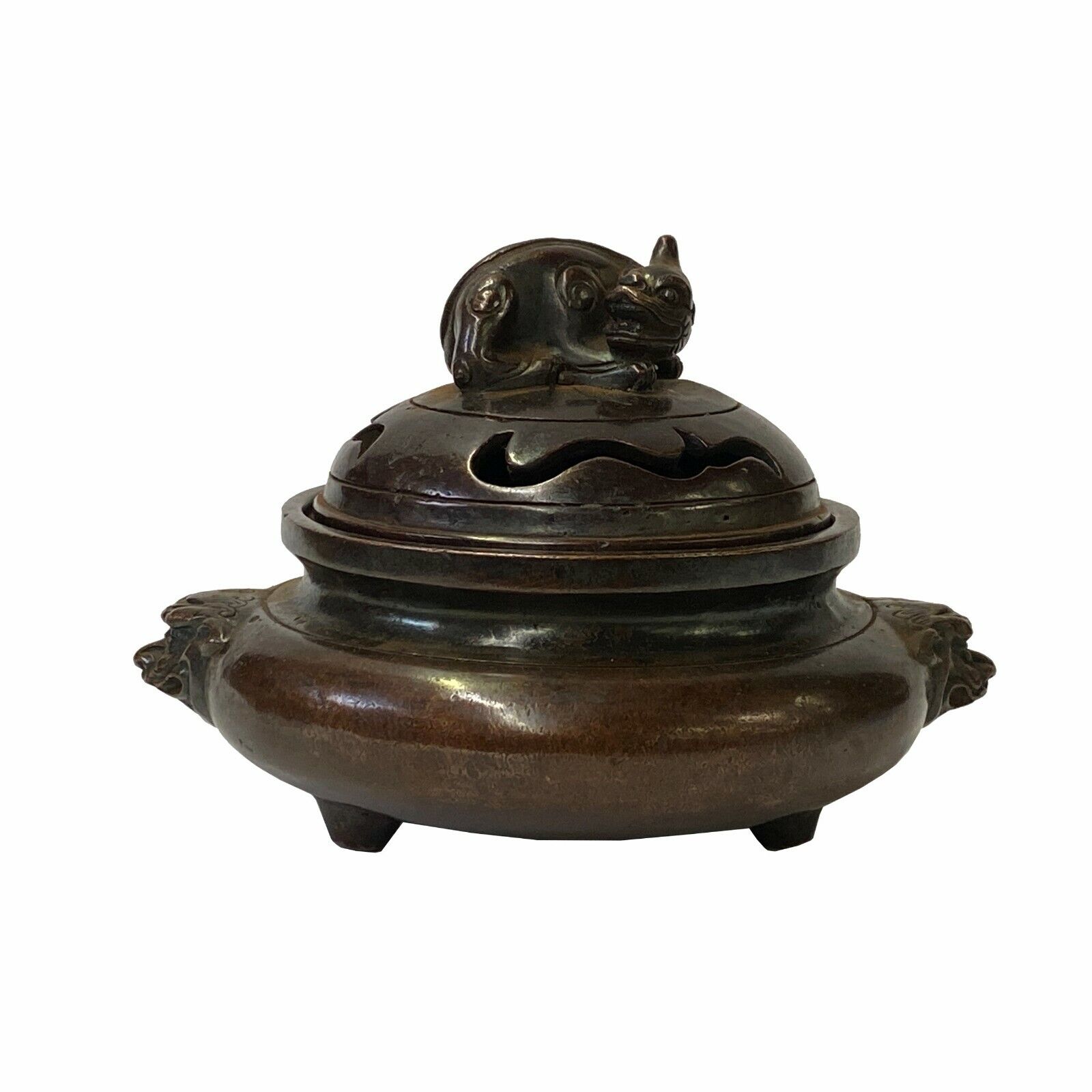 Oriental Brown Finish Metal Incense Burner with Pixiu Accent Lid ws1582