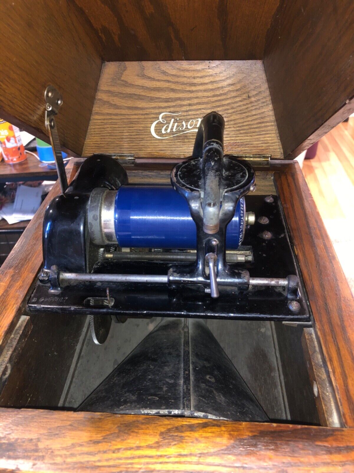 Antique Edison Amberola 30 Blue Cylinder Record Player Phonograph