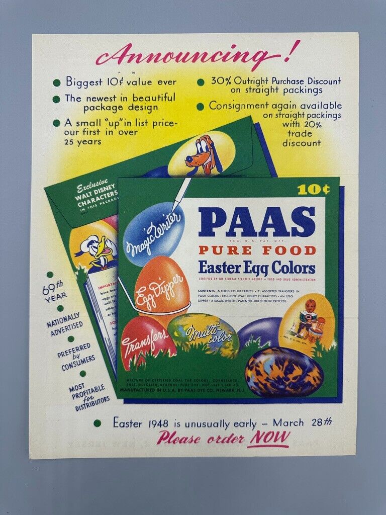 1948 PAAS EASTER EGG Dye Colors  Wholesale ADVERTISING Vintage Flyer
