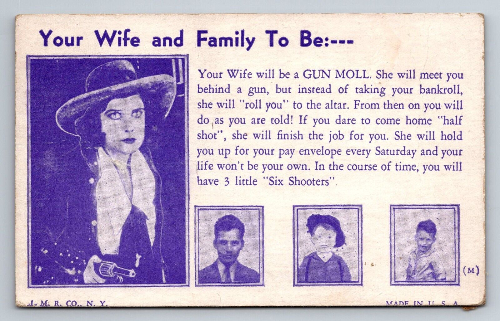 Postcard Comic Card Your Wife and Family to Be GUN MOLL Unposted