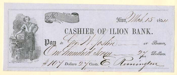 Ilion Bank check signed by E. Remington II or Jr. - Founder of Remington and Son