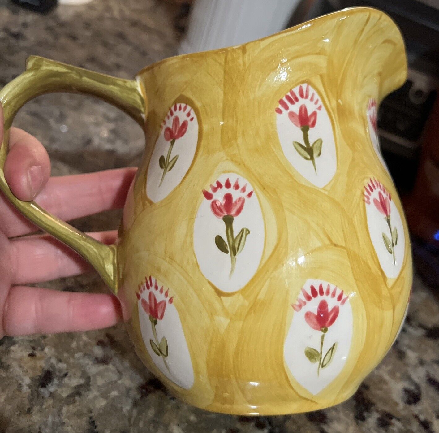 Vintage Farmhouse Hand painted Ceramic Milk Pitcher Yellow W Flowers