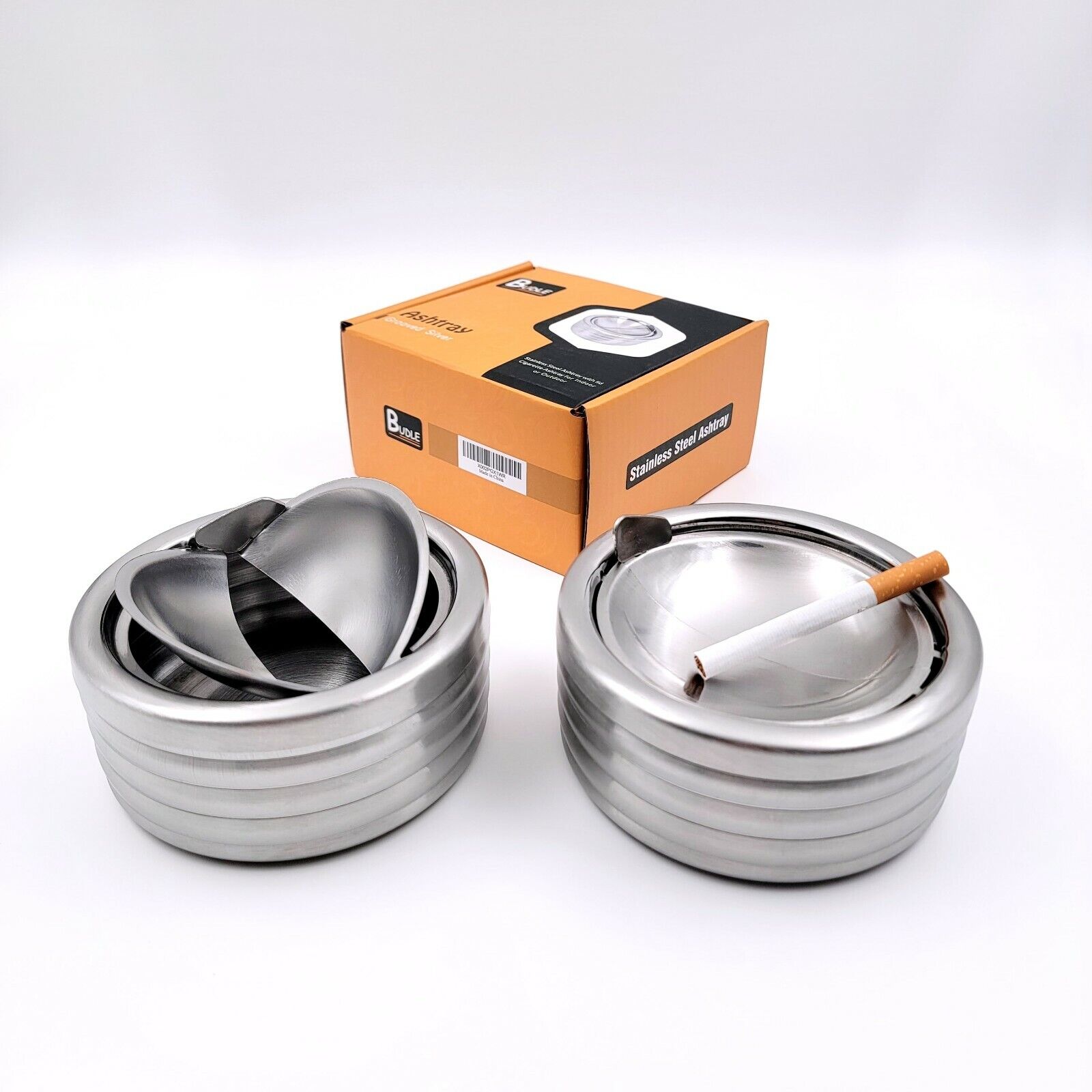 2Pack Grooved Silver Classic Metal Ashtray with a Lid for Cigarettes Outdoor