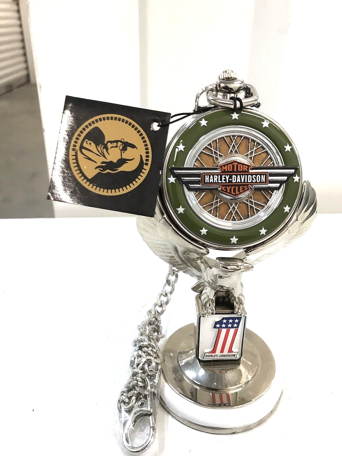 1998 Franklin Mint Harley Davidson Heritage Softail Pocket Watch & Eagle Stand 