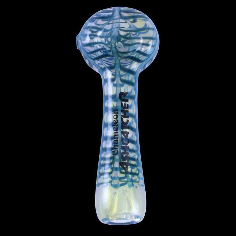 Chameleon Glass Ash Catcher Hand Pipe w/ Blue Wrap and Rake