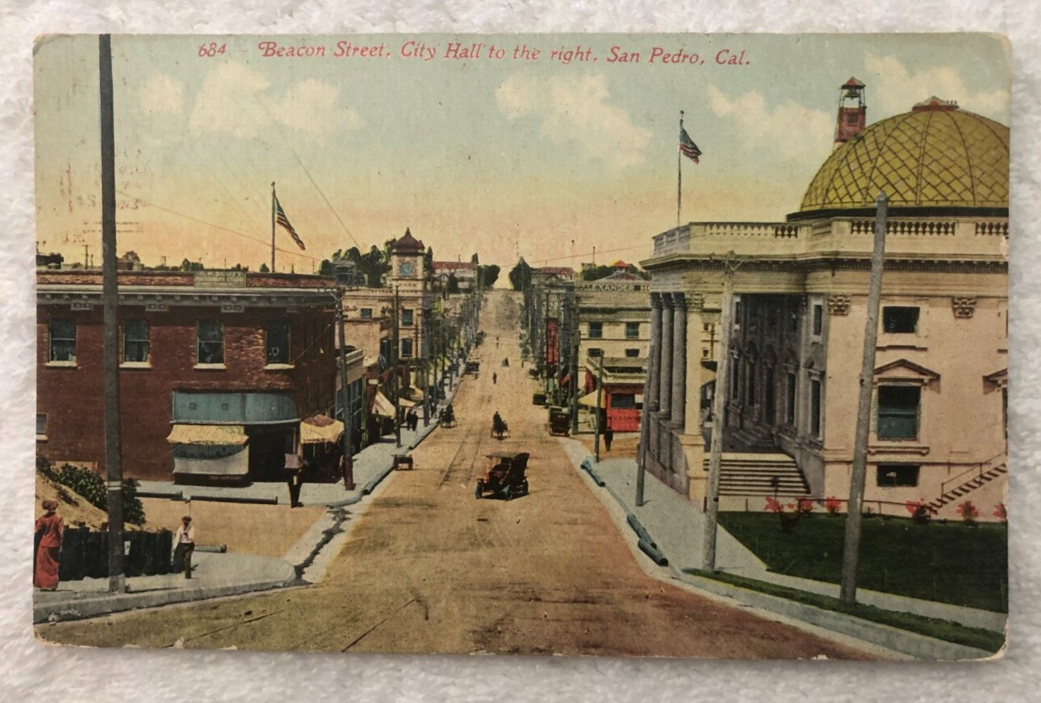 San Pedro California, Beacon Street, City Hall, Antique Vintage Postcard, 1900s
